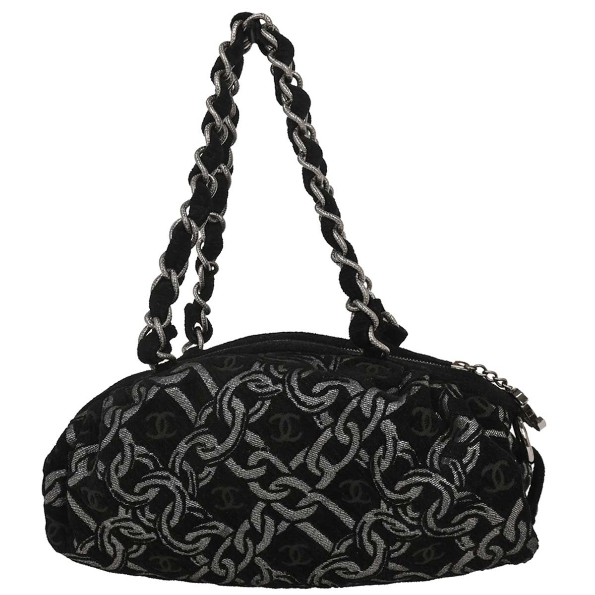 Chanel Vintage Zip Bowler Printed Jacquard Black Cotton Shoulder Bag Bag (Pre-Owned)