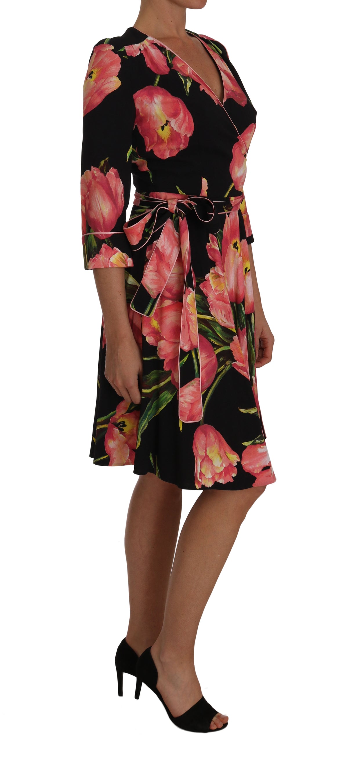 Dolce & Gabbana Black Pink Tulip Print Stretch Shift Women's Dress