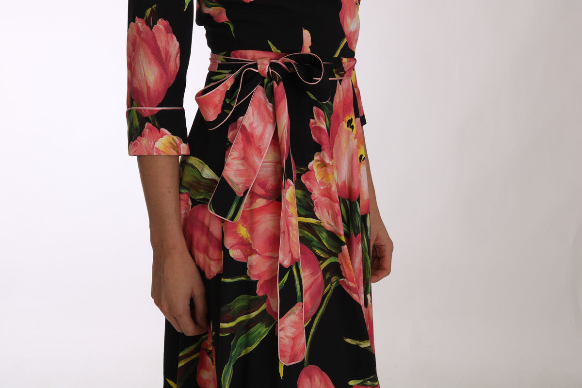 Dolce & Gabbana Black Pink Tulip Print Stretch Shift Women's Dress