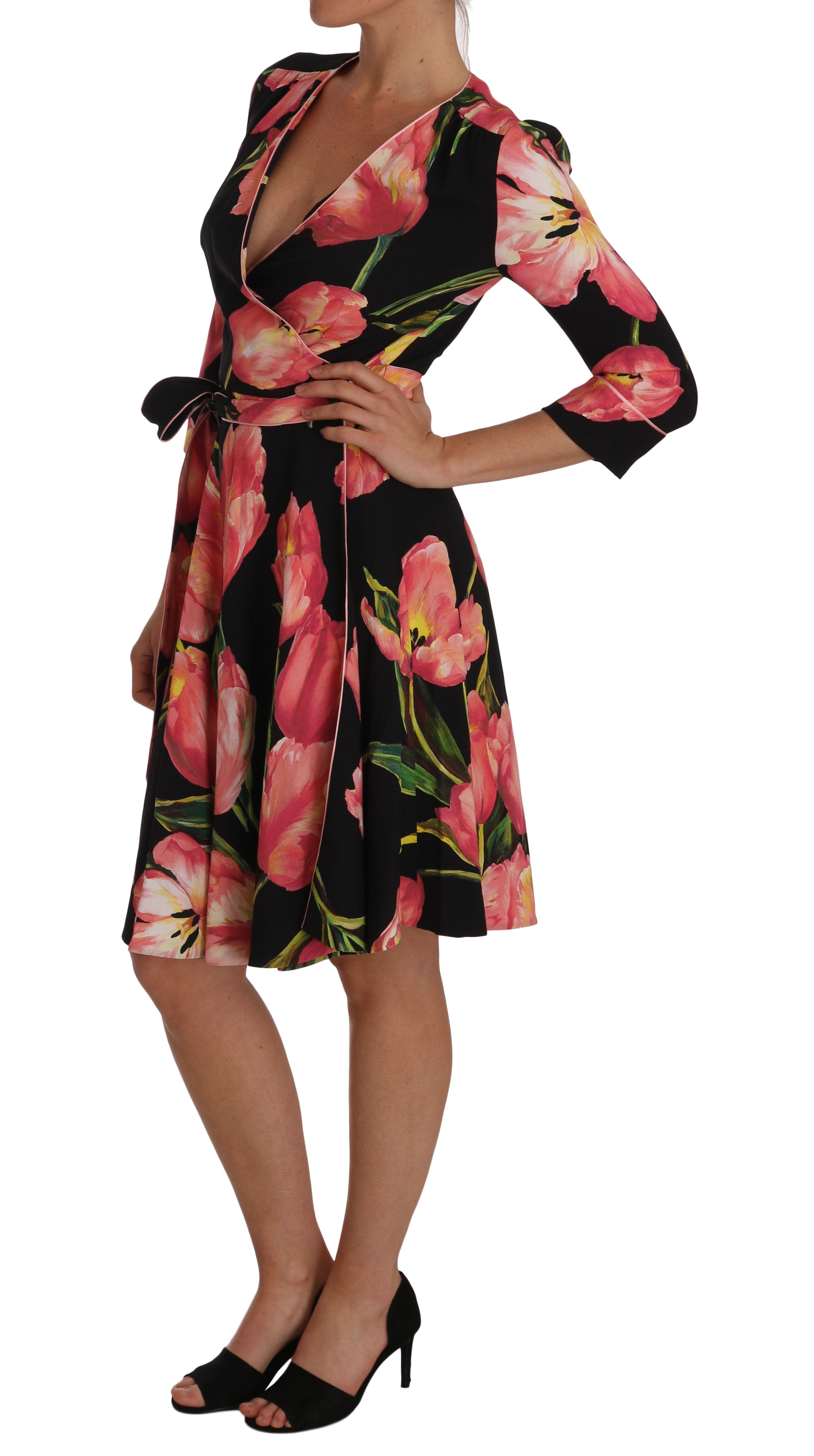 Dolce & Gabbana Black Pink Tulip Print Stretch Shift Women's Dress
