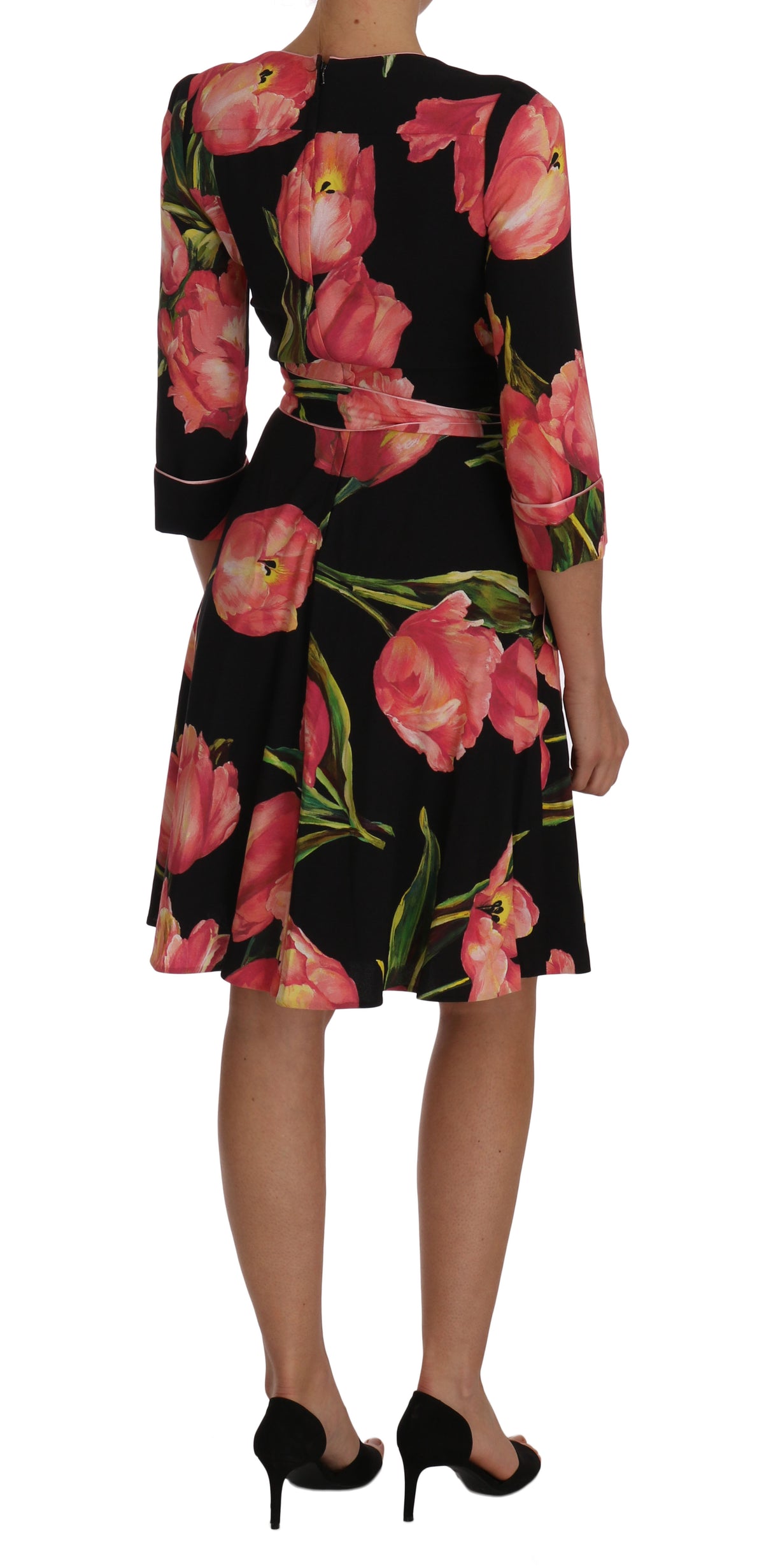 Dolce & Gabbana Black Pink Tulip Print Stretch Shift Women's Dress