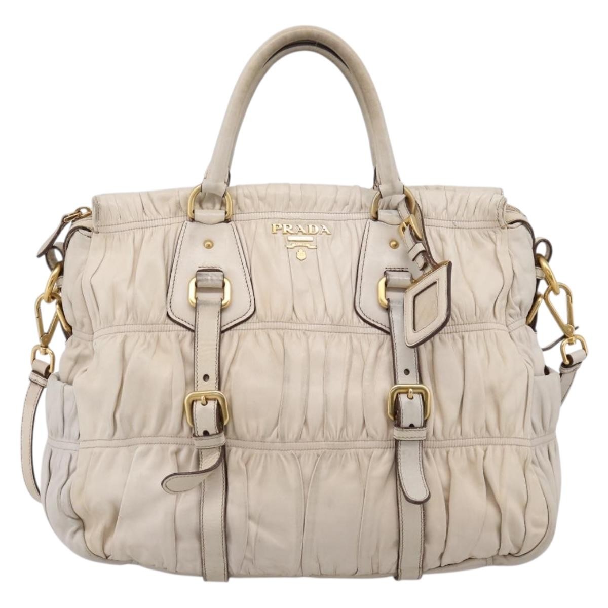 Prada Gaufre Convertible Satchel Nappa Leather Beige Leather Handbag (Pre-Owned)