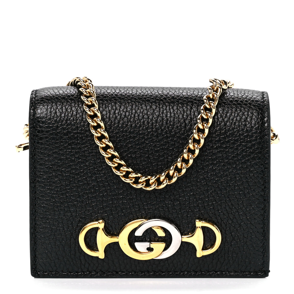 Gucci Zumi GG Black Leather Gold Chain Bi-Fold Mini Wallet