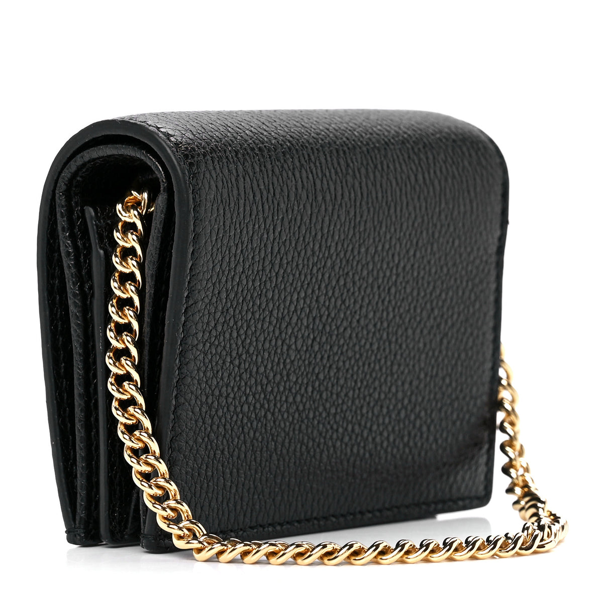 Gucci Zumi GG Black Leather Gold Chain Bi-Fold Mini Wallet