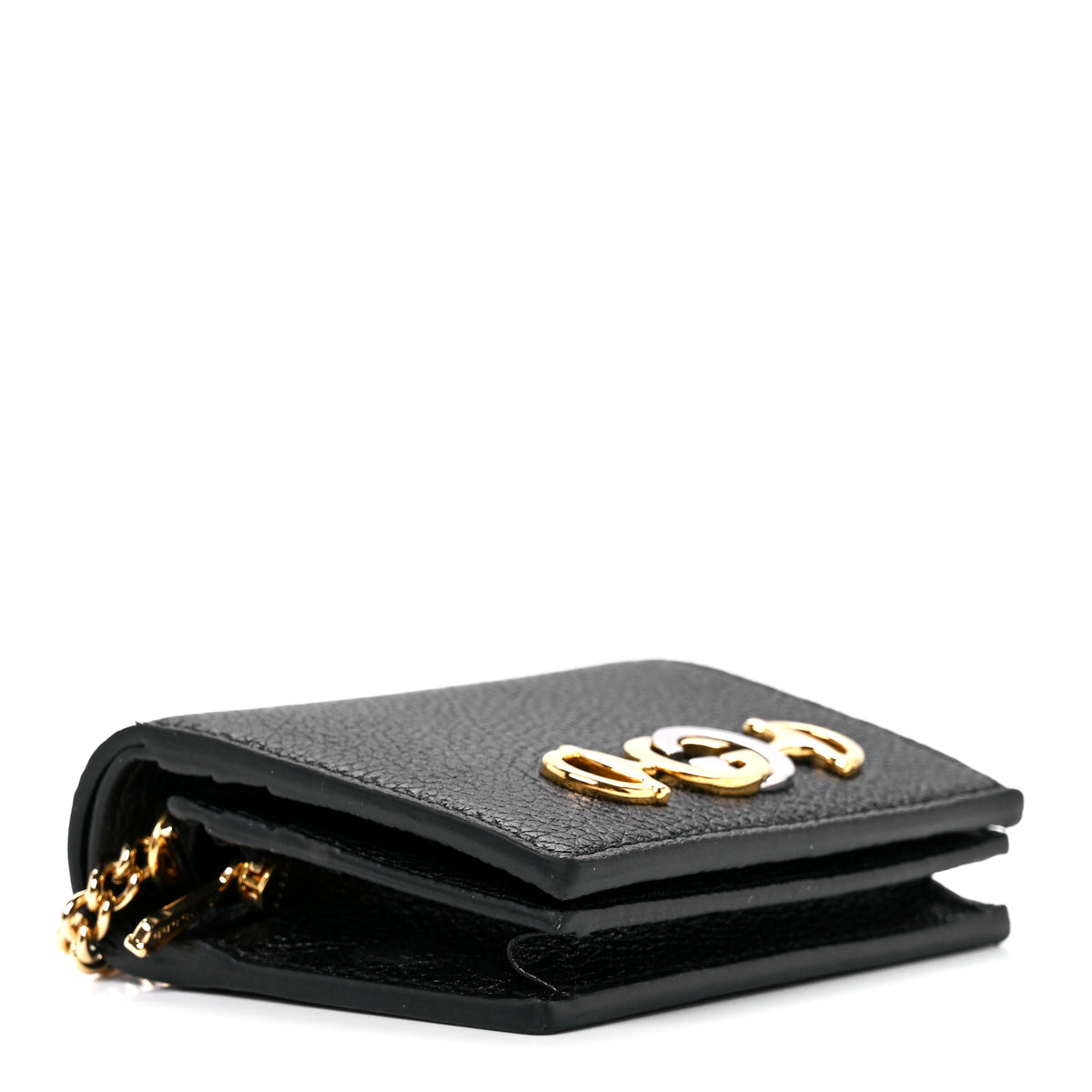 Gucci Zumi GG Black Leather Gold Chain Bi-Fold Mini Wallet