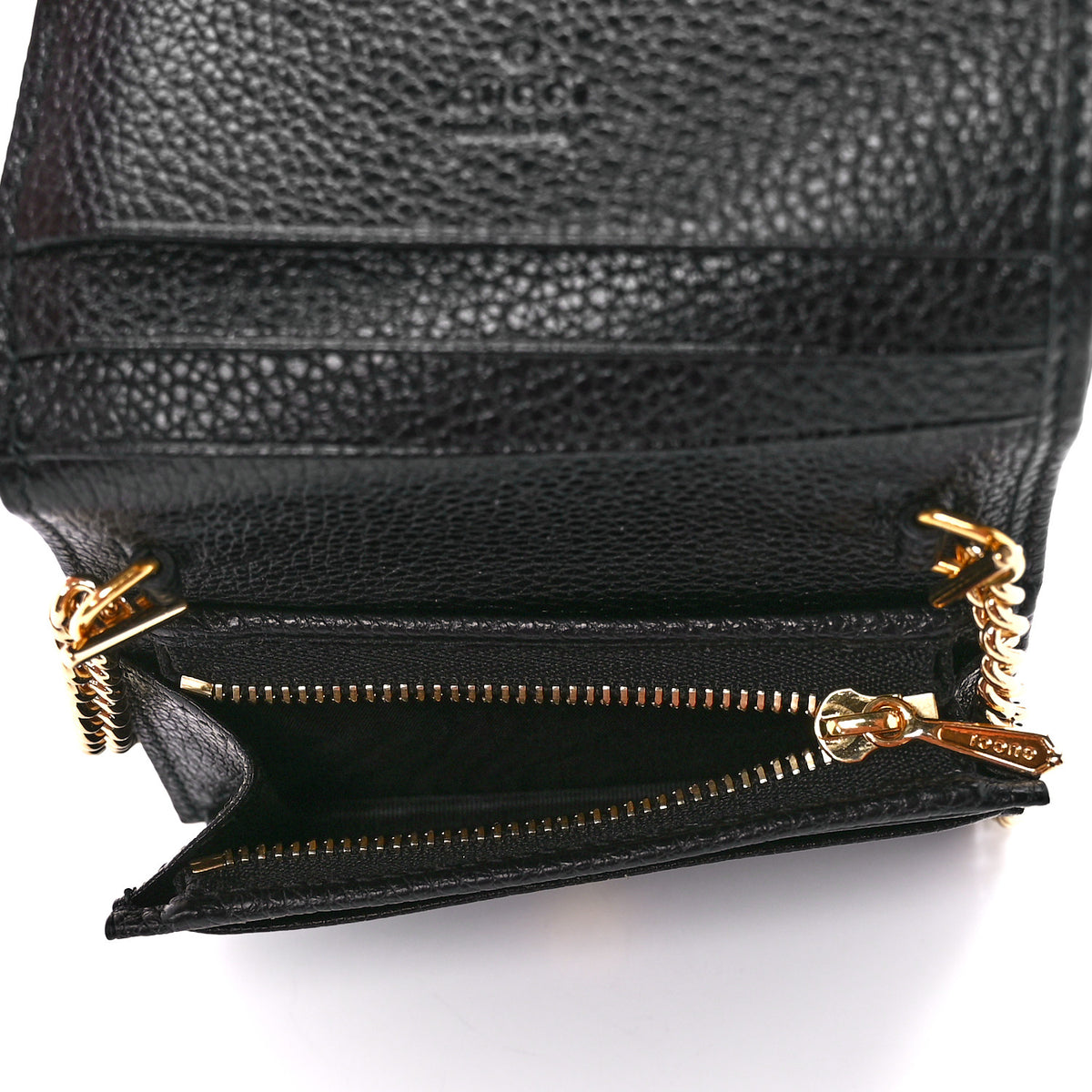 Gucci Zumi GG Black Leather Gold Chain Bi-Fold Mini Wallet