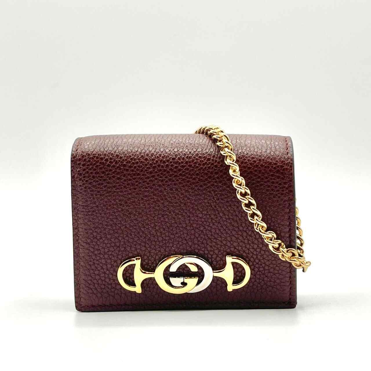 Gucci Zumi Burgundy Leather Gold Chain Bi-Fold w/box Mini Wallet