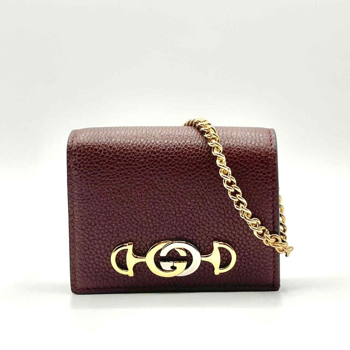 Gucci Zumi Burgundy Leather Gold Chain Bi-Fold w/box Mini Wallet