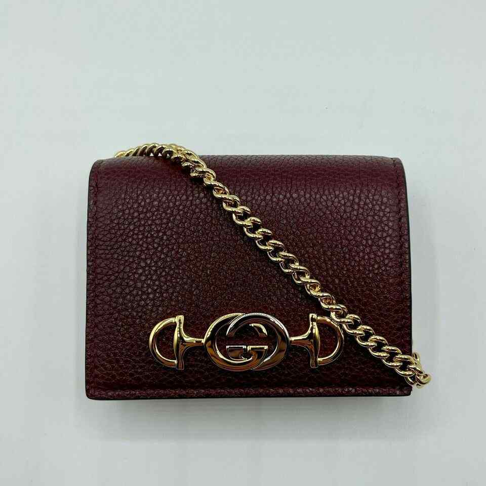 Gucci Zumi Burgundy Leather Gold Chain Bi-Fold w/box Mini Wallet