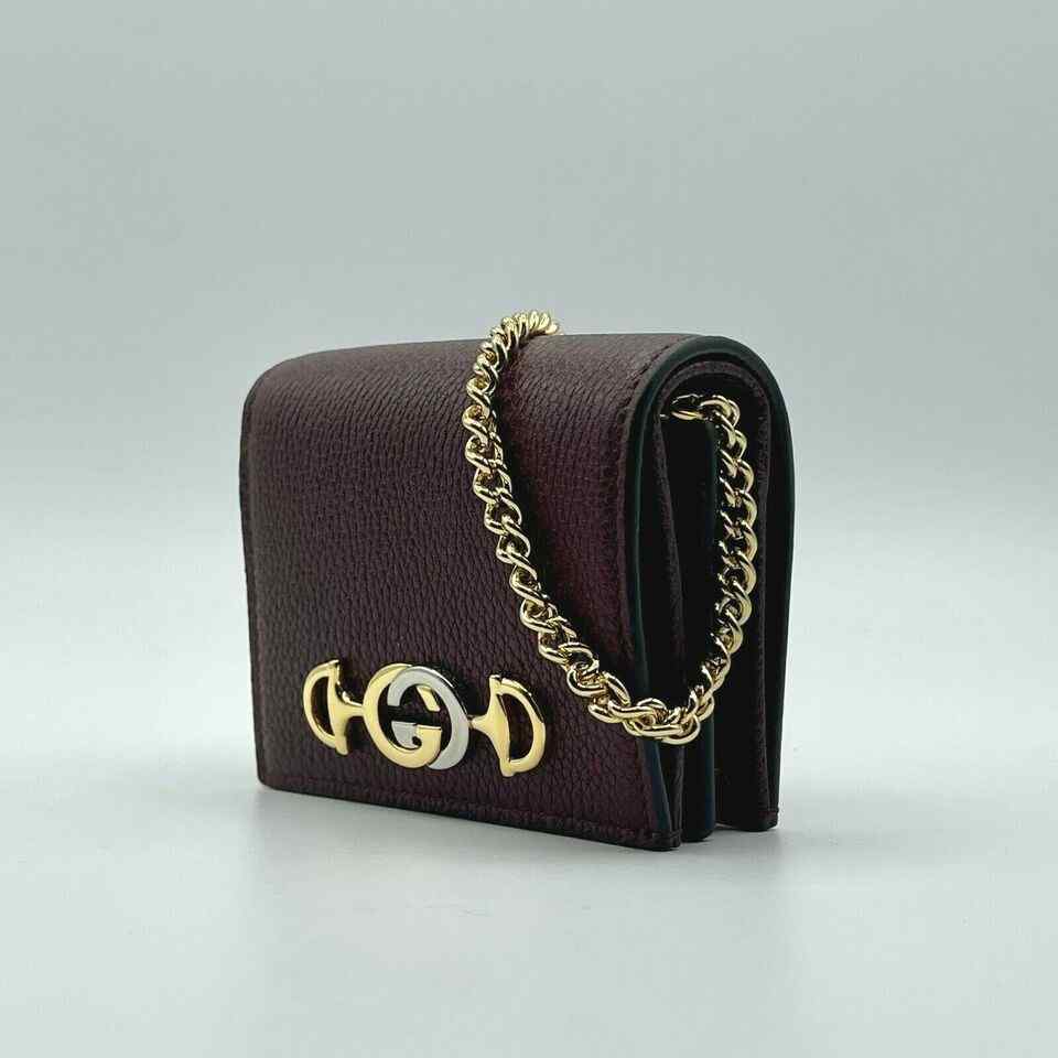 Gucci Zumi Burgundy Leather Gold Chain Bi-Fold w/box Mini Wallet