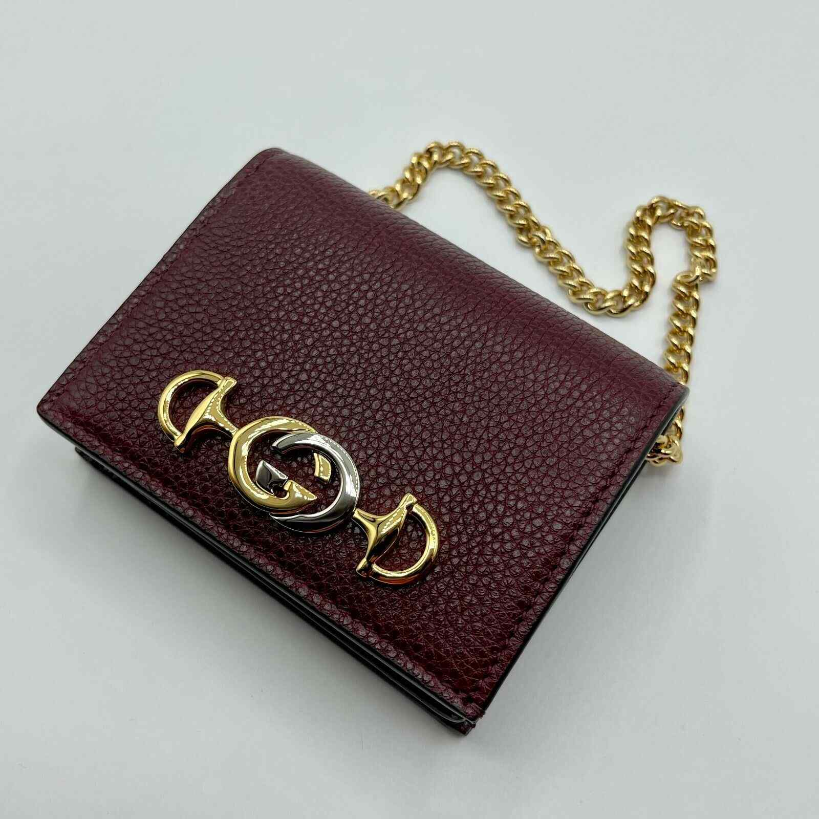Gucci Zumi Burgundy Leather Gold Chain Bi-Fold w/box Mini Wallet