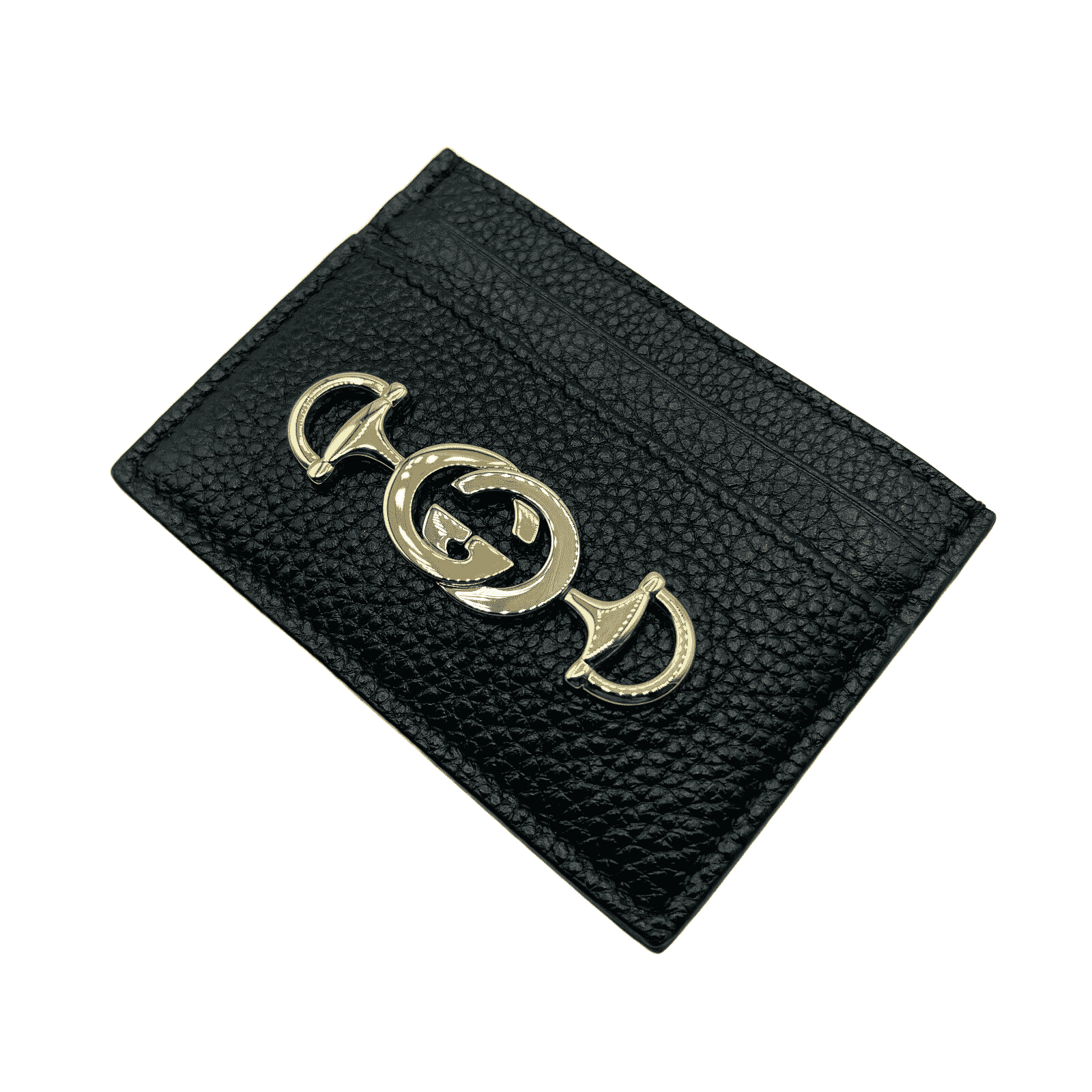 New Women's Gucci Zumi Black Leather Card Holder Wallet Metal GG Logo w/Box