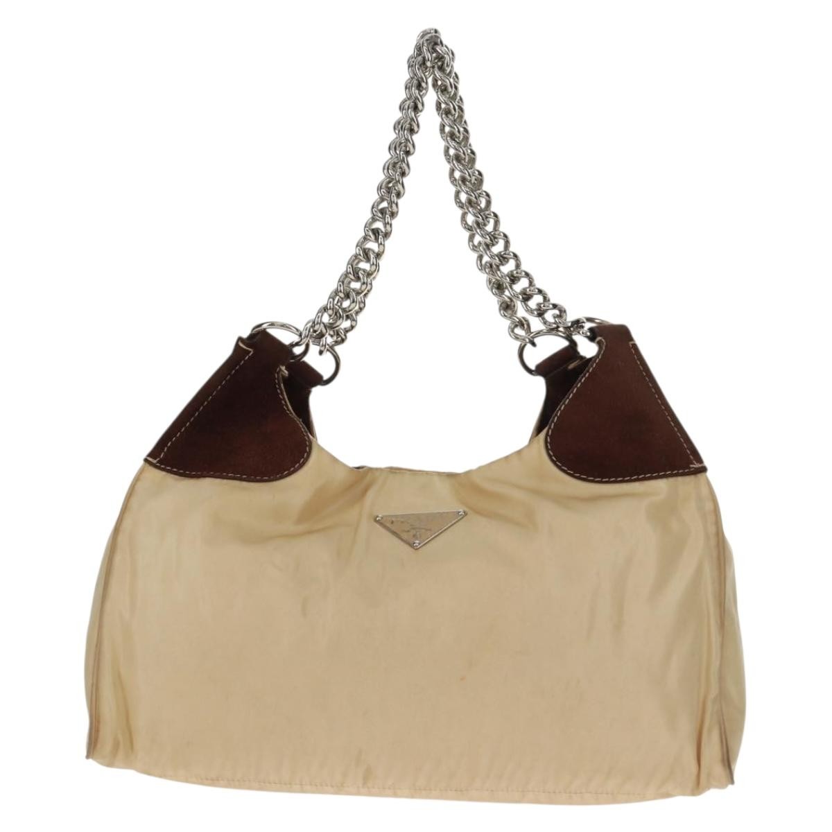 Prada Chain Tote Soft Calf Beige Nylon Shoulder Bag Bag (Pre-Owned)