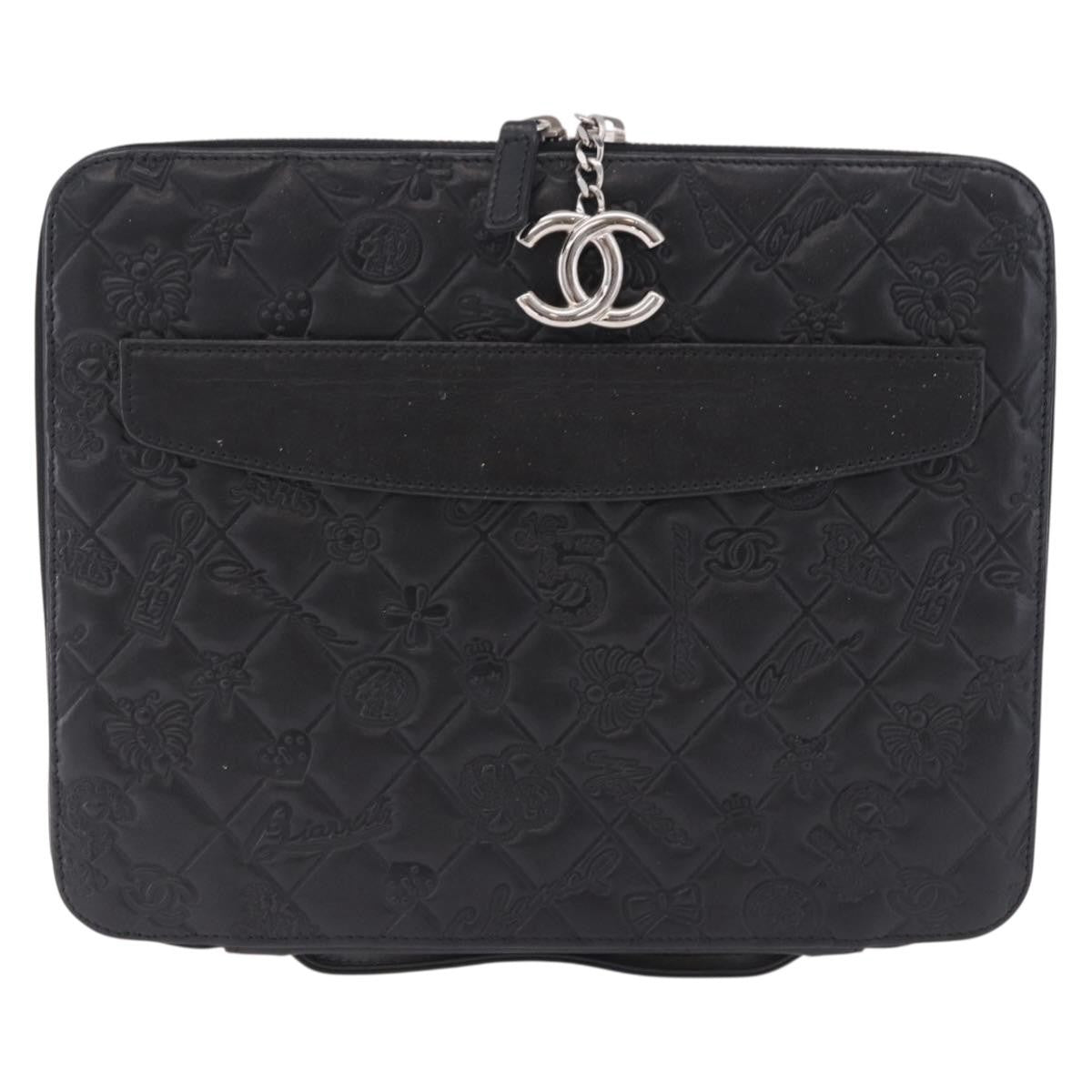 Chanel Zip Around Ipad Case Quilted Lambskin Black Leather Tech Accessory Accessory (Pre-Owned)