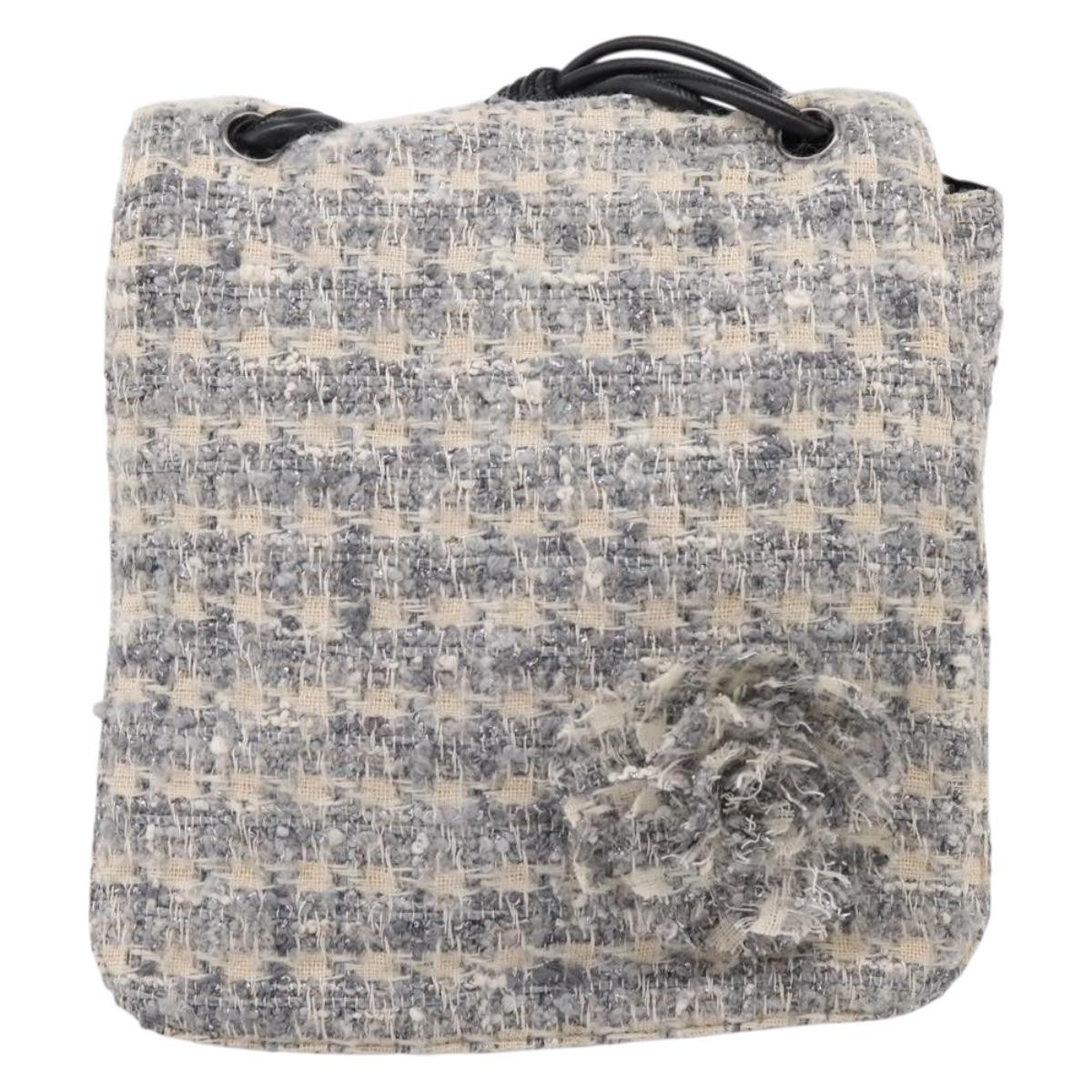 Chanel Camellia Messenger Tweed Gray Canvas Shoulder Bag Bag (Pre-Owned)