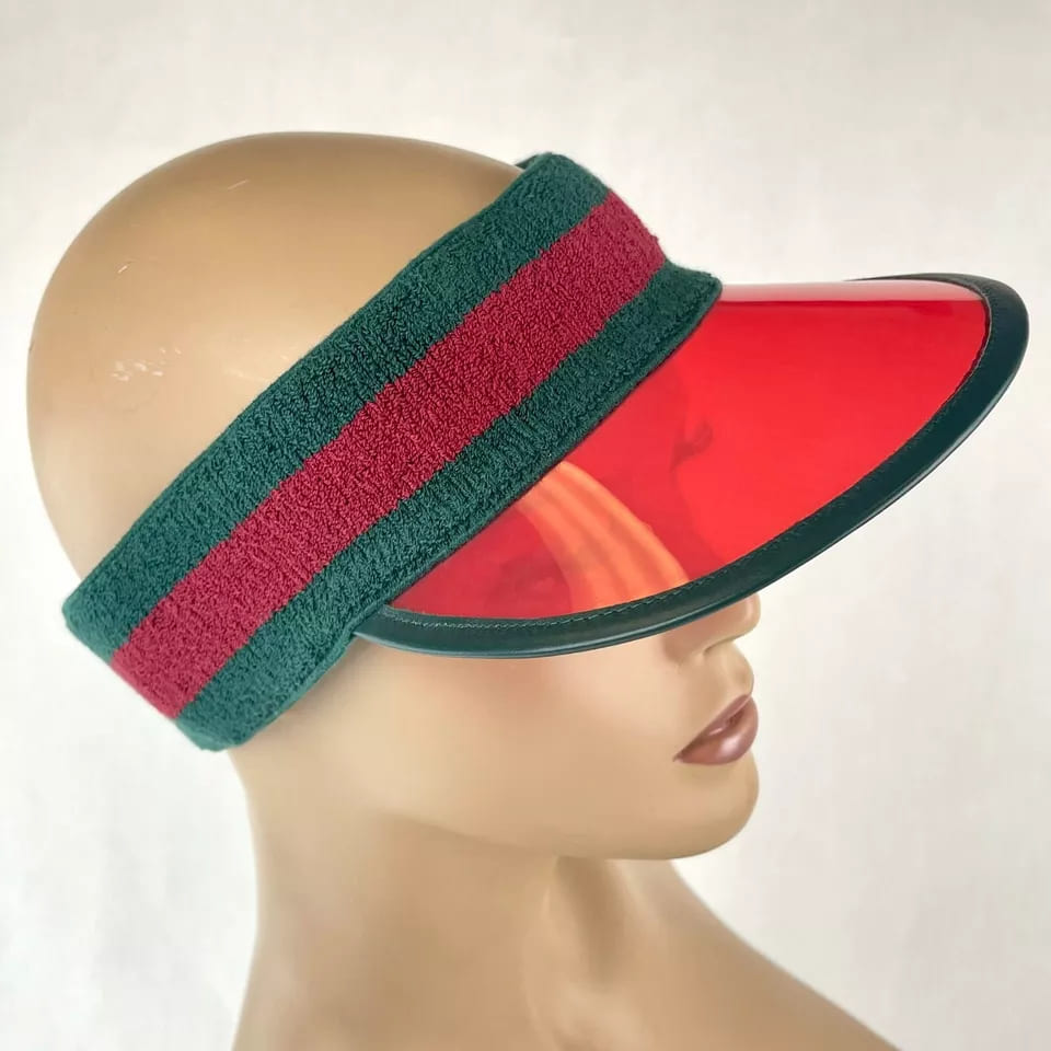 Gucci Unisex Red Vinyl Visor Hat w/Green Red Banded Headband  display picture 3