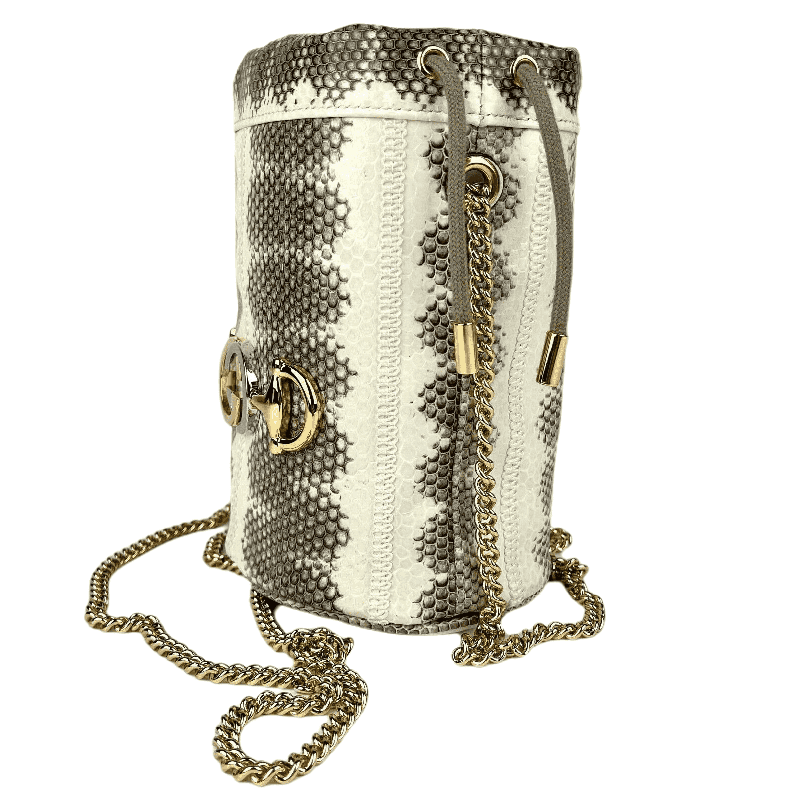 Gucci Zumi White/Gray Snakeskin Drawstring Bucket Mini Chain Bag