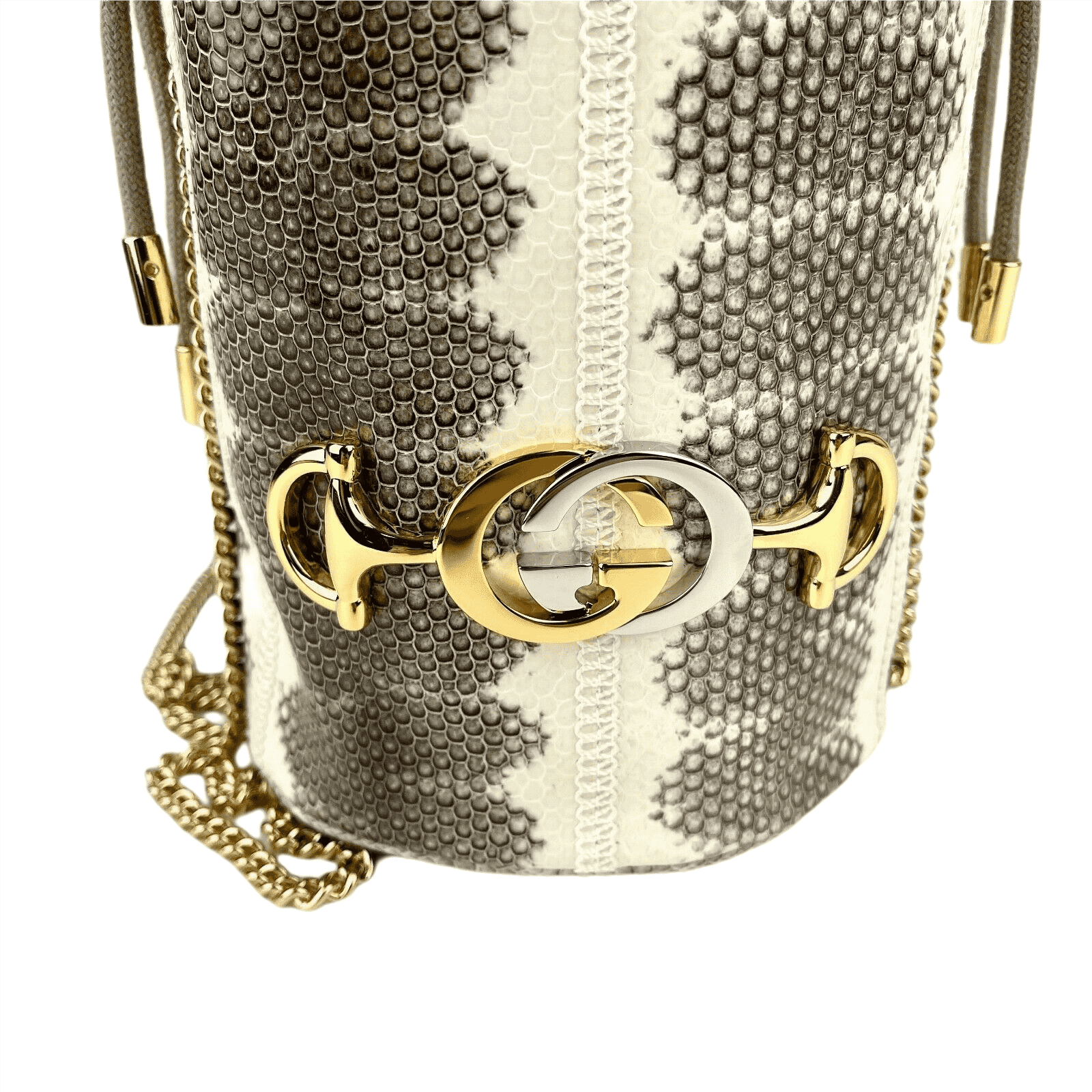 Gucci Zumi White/Gray Snakeskin Drawstring Bucket Mini Chain Bag