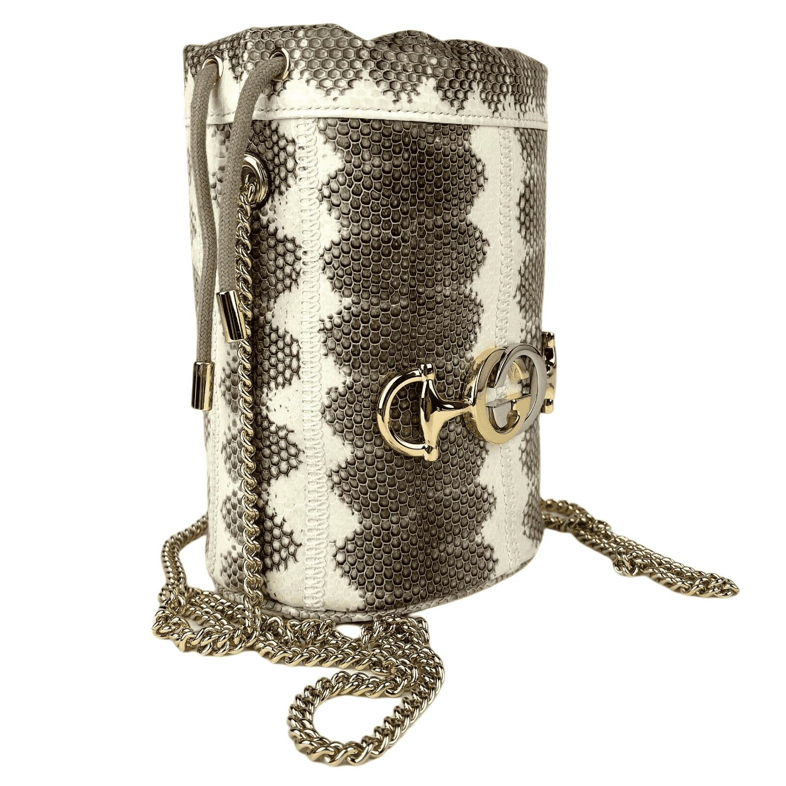 Gucci Zumi White/Gray Snakeskin Drawstring Bucket Mini Chain Bag