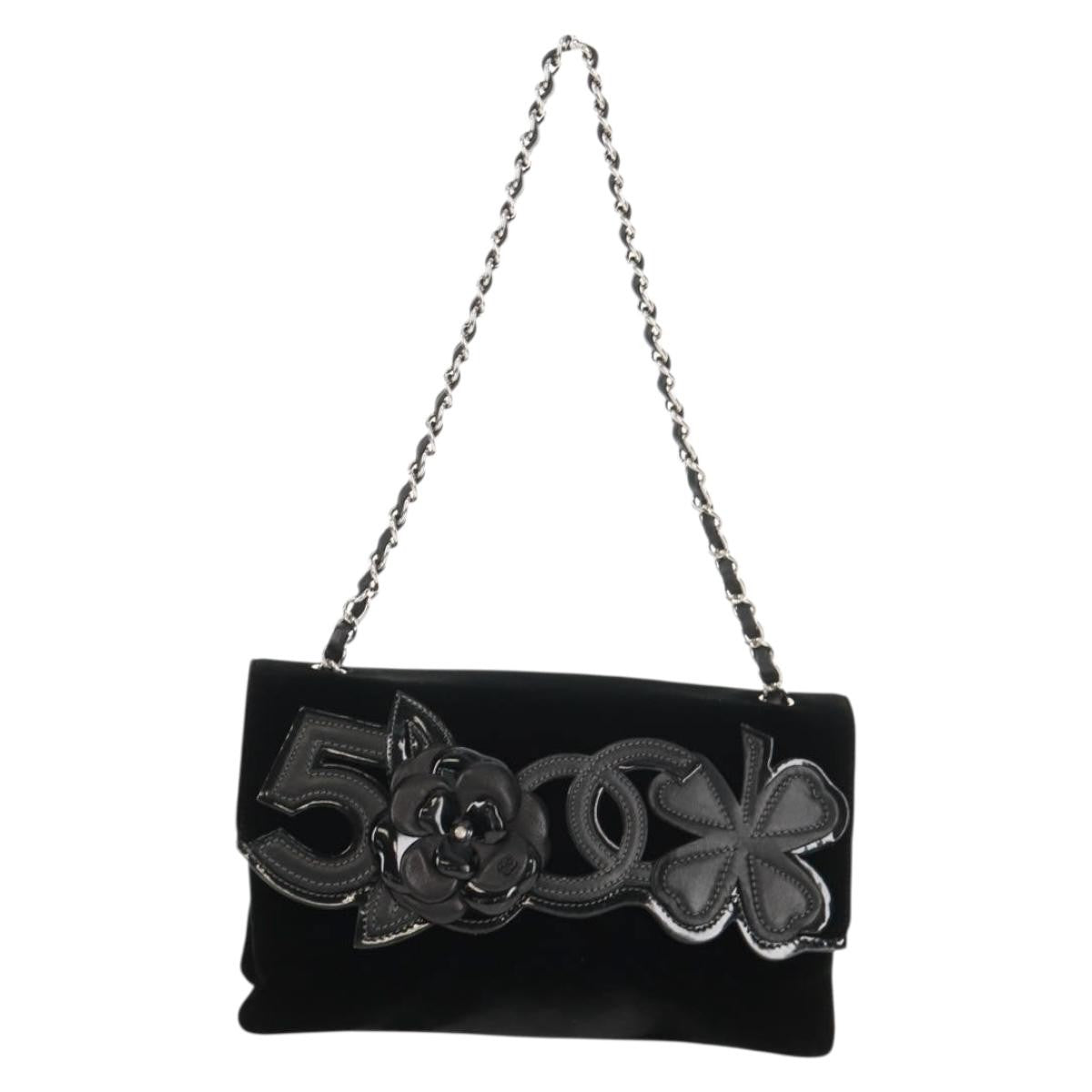 Chanel Camellia No.5 Chain Flap Velvet Black Velvet Shoulder Bag Bag (Pre-Owned)