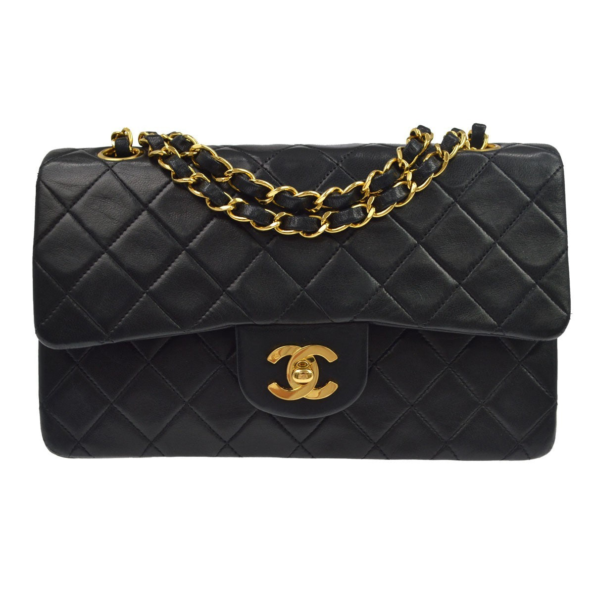 Chanel Vintage Classic Double Flap Quilted Lambskin Black Leather Handbag (Pre-Owned)
