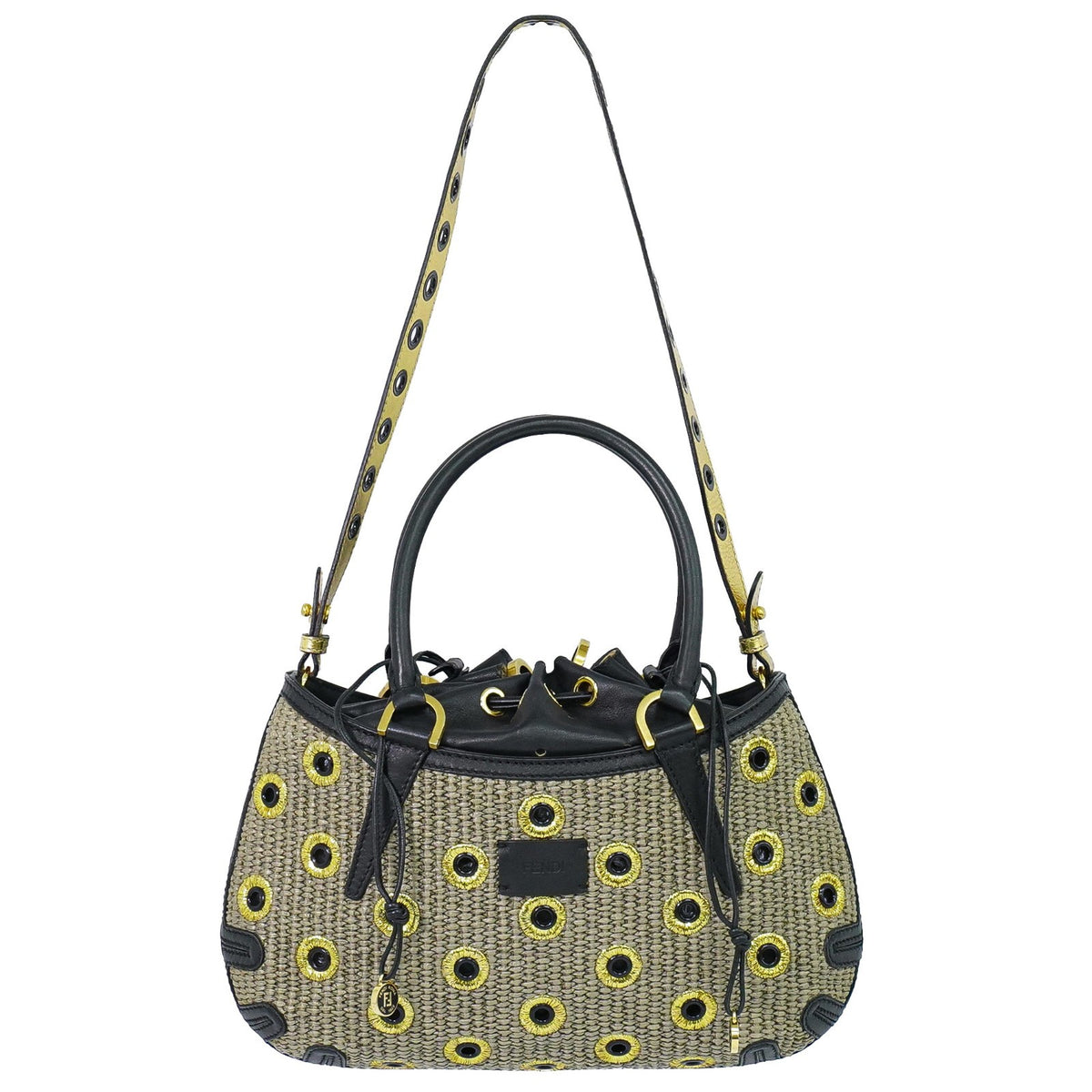 Fendi B. Fab Convertible Tote Grommet Embellished Raffia Beige Leather Handbag (Pre-Owned)
