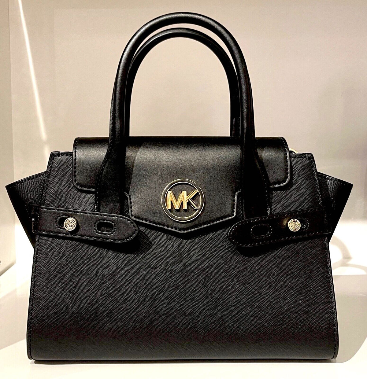 MICHAEL KORS CARMEN BLACK WHITE LEATHER Medium FLAP SATCHEL SHOULDER BAG