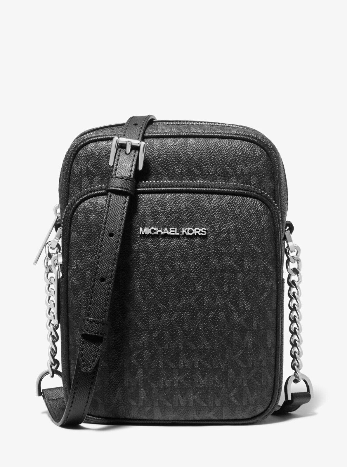 Michael Kors Jet Set Travel Black MK Signature PVC Medium Flight Crossbody Bag