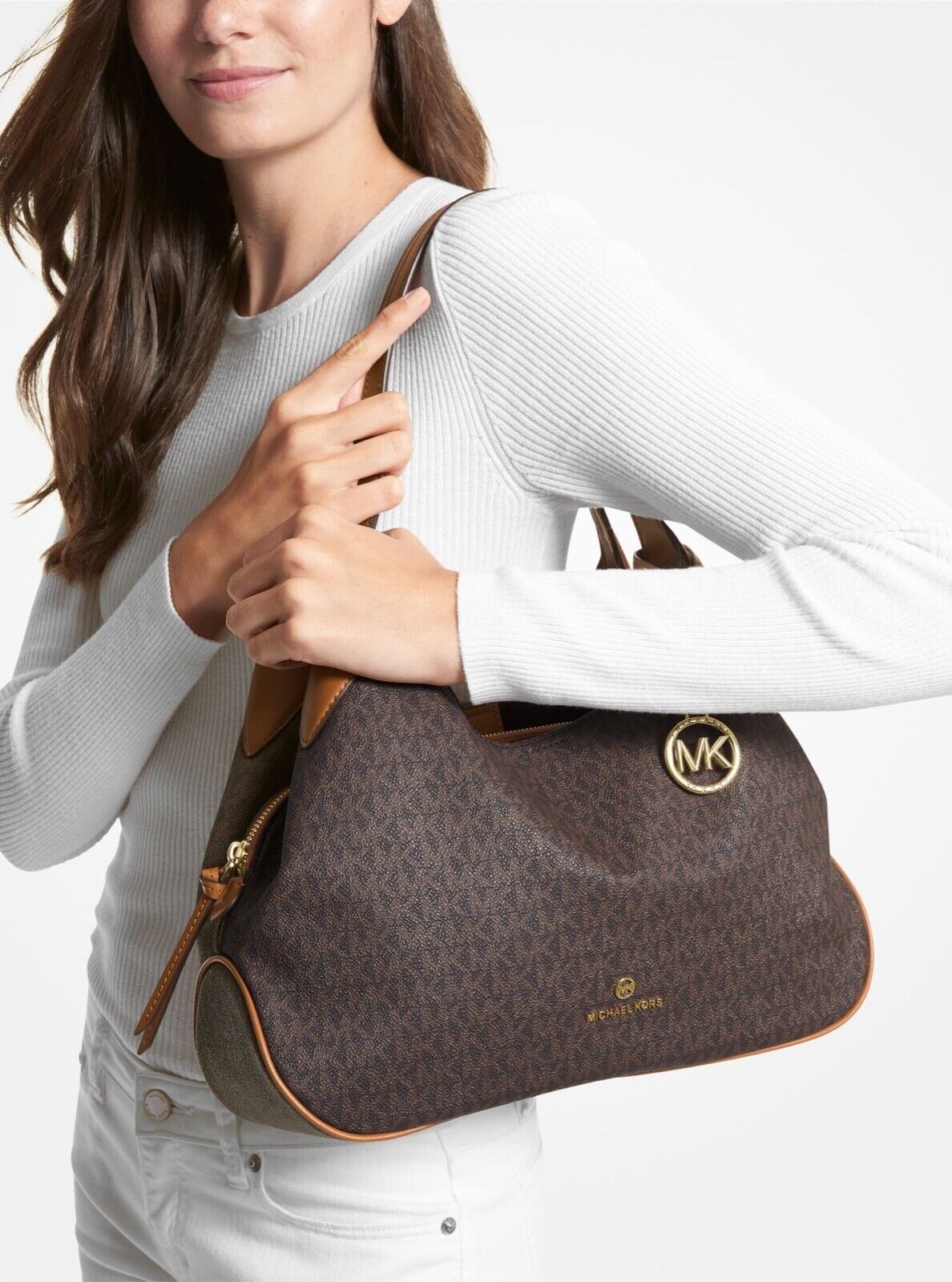 Michael Kors Kelsey Pebbled Leather MK Signature Large Shoulder Bag Purse