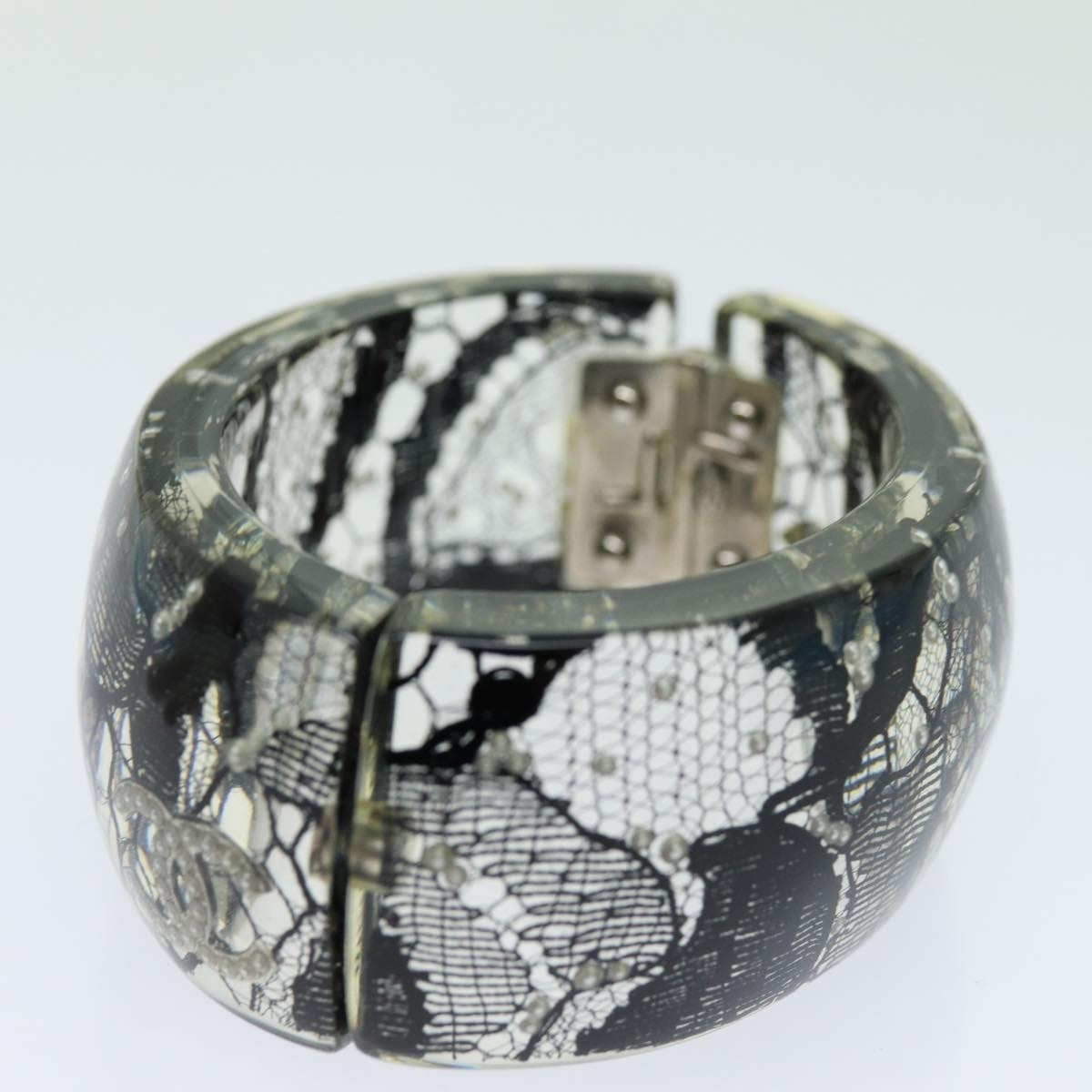 Chanel Cc Hinged Bangle Resin With Lace And Faux Pearls Black Plastic Bracelet Jewelry (Pre-Owned)