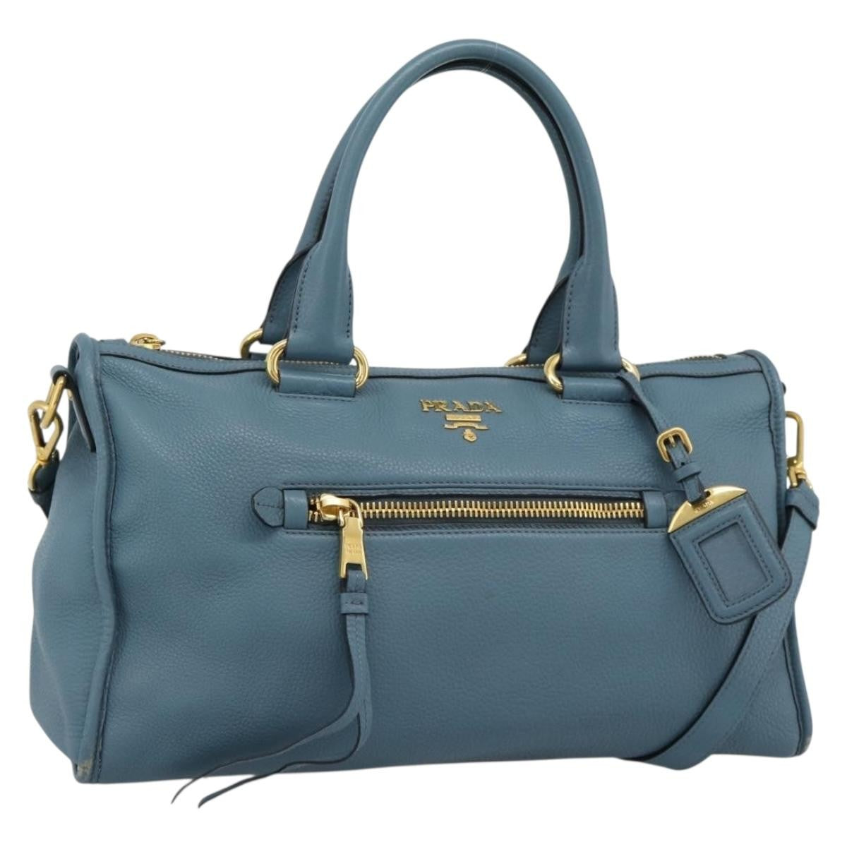 Prada Front Zip Convertible Satchel Vitello Phenix Blue Leather Handbag (Pre-Owned)