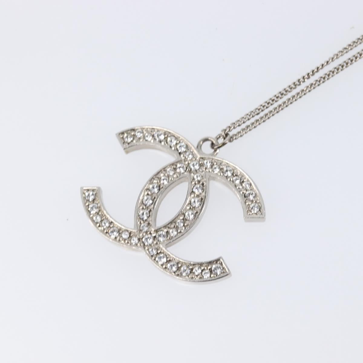 Chanel Cc Pendant Metal With Crystals Silver Metal Necklace Jewelry (Pre-Owned)