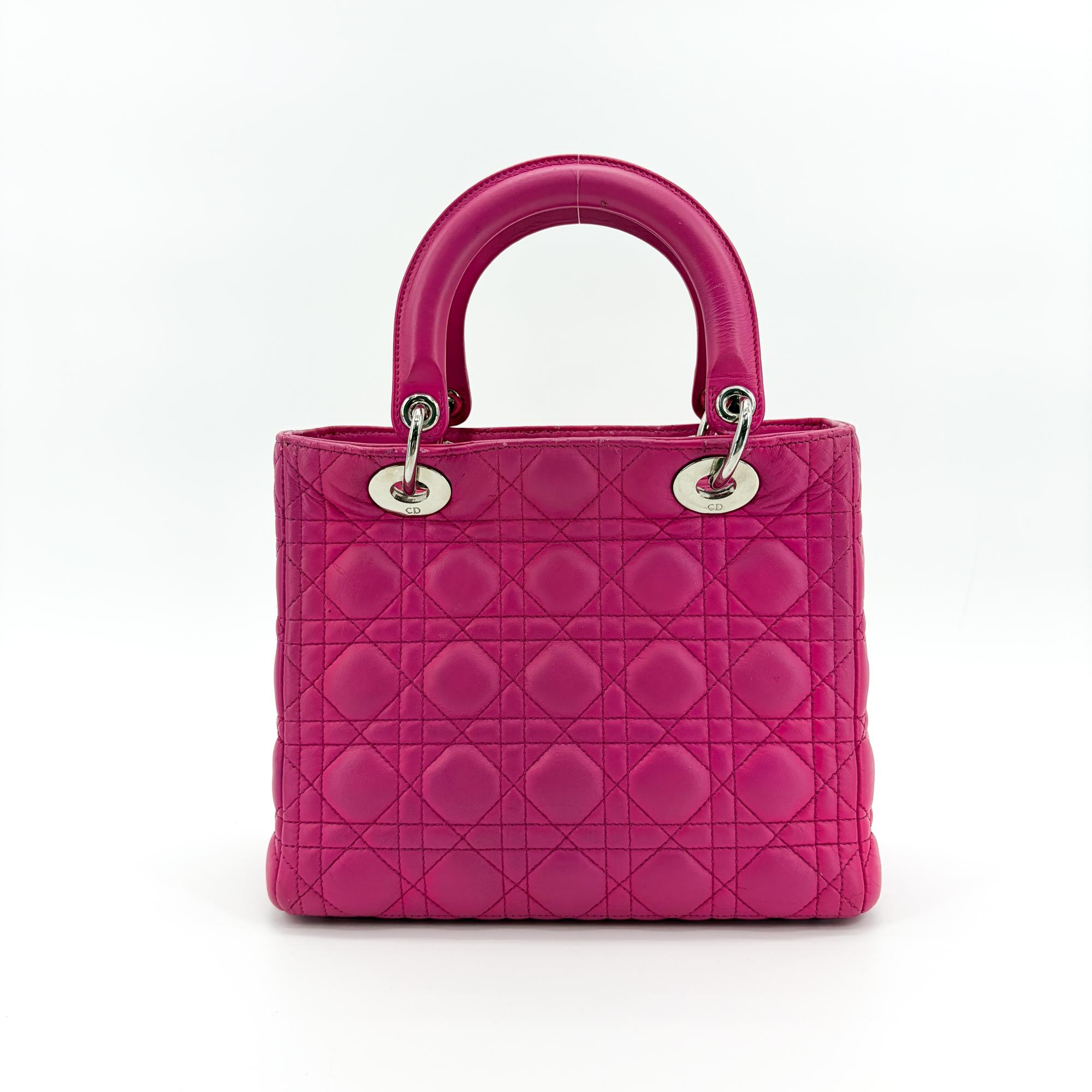 Christian Dior Lady Dior Bag Cannage Quilt Lambskin Pink Leather Handbag (Pre-Owned)