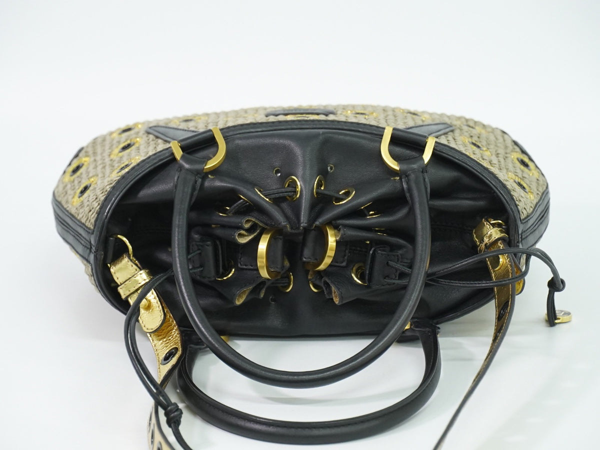 Fendi B. Fab Convertible Tote Grommet Embellished Raffia Beige Leather Handbag (Pre-Owned)