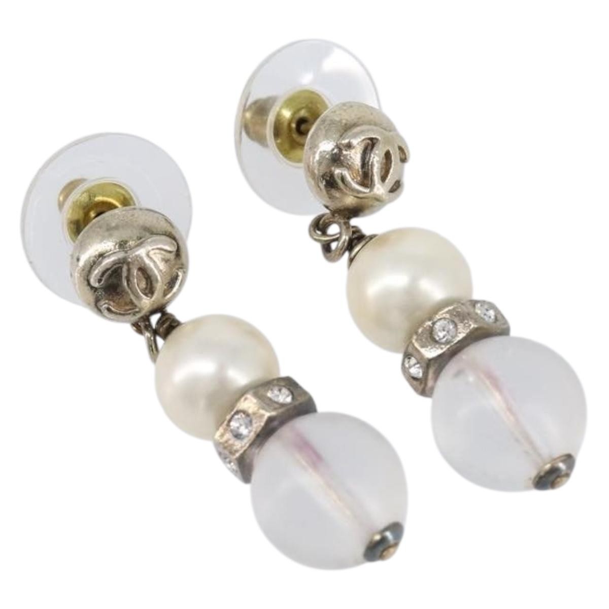 Chanel Cc Pearl Drop Faux Pearl And Metal Silver Metal Earrings Jewelry (Pre-Owned)