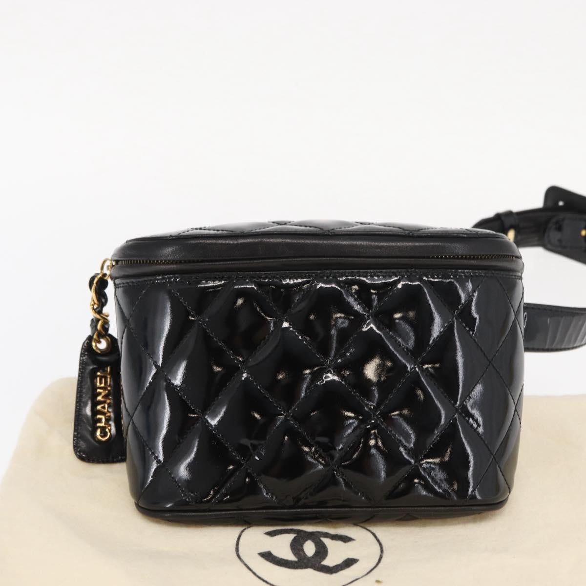 Chanel Vintage Zip Belt Quilted Lambskin Black Patent_Leather Clutche & Pouche Bag (Pre-Owned)