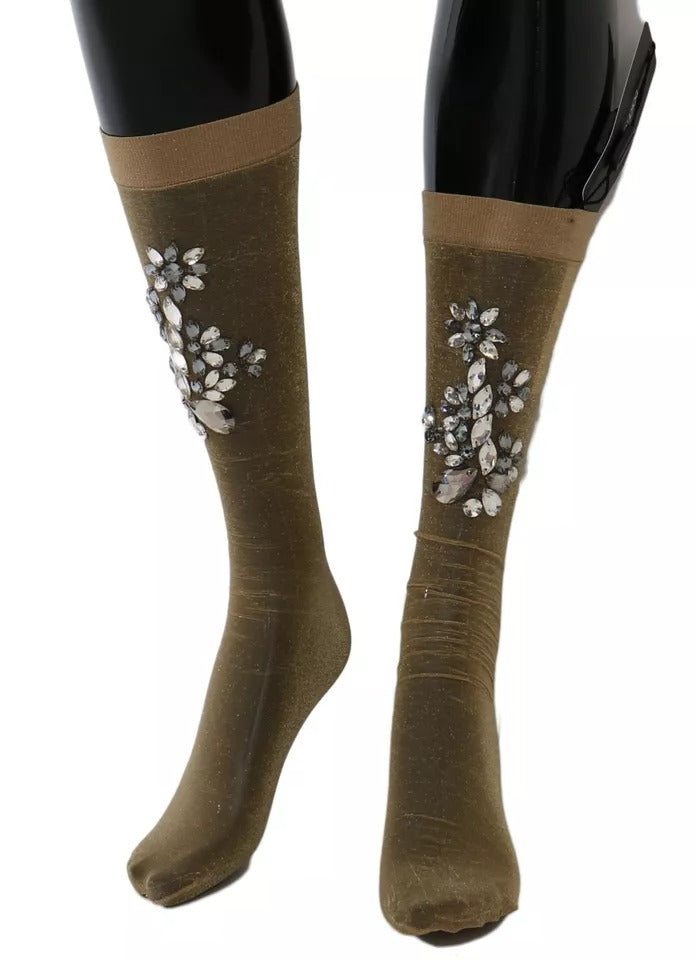Dolce & Gabbana Gold Stretch Floral Clear Crystal Stocking Women's Socks