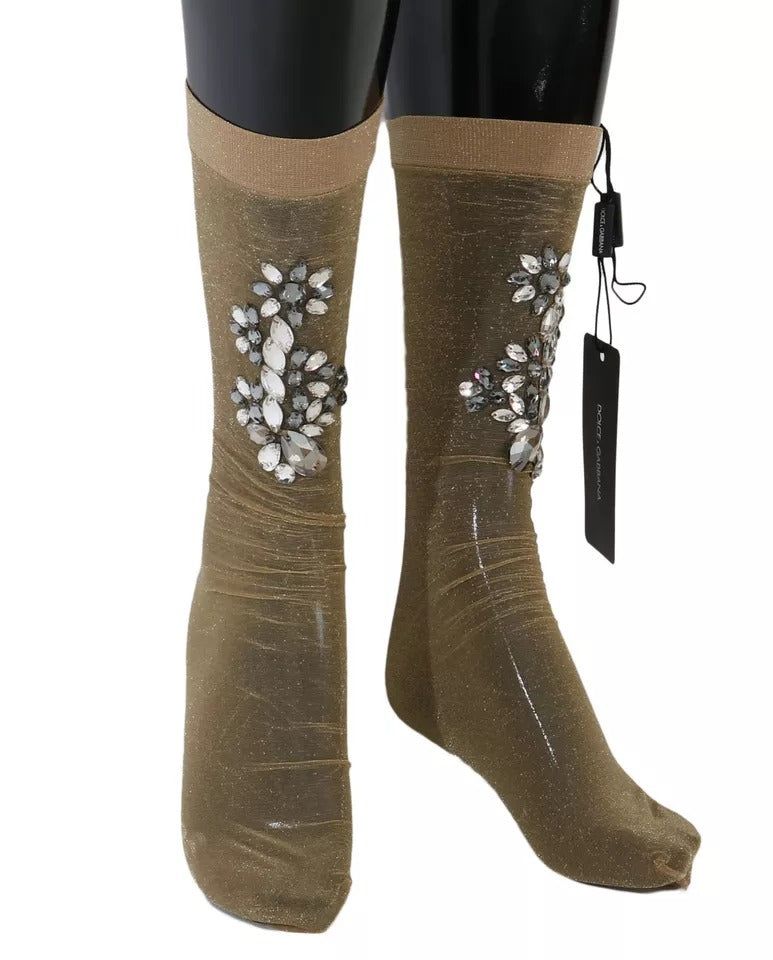 Dolce & Gabbana Gold Stretch Floral Clear Crystal Stocking Women's Socks