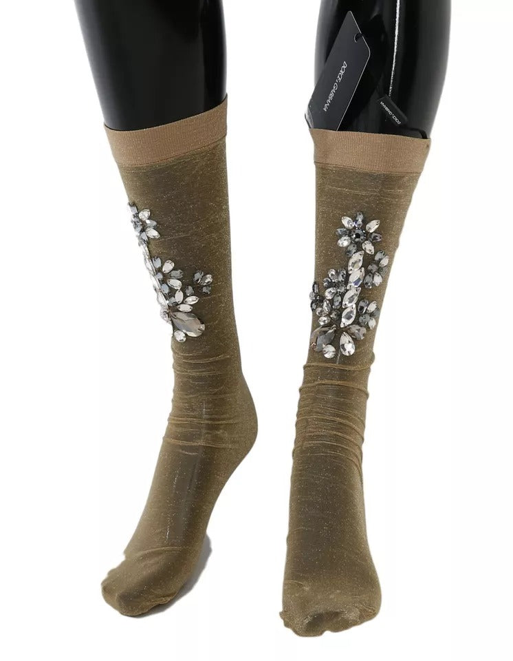 Dolce & Gabbana Gold Stretch Floral Clear Crystal Stocking Women's Socks