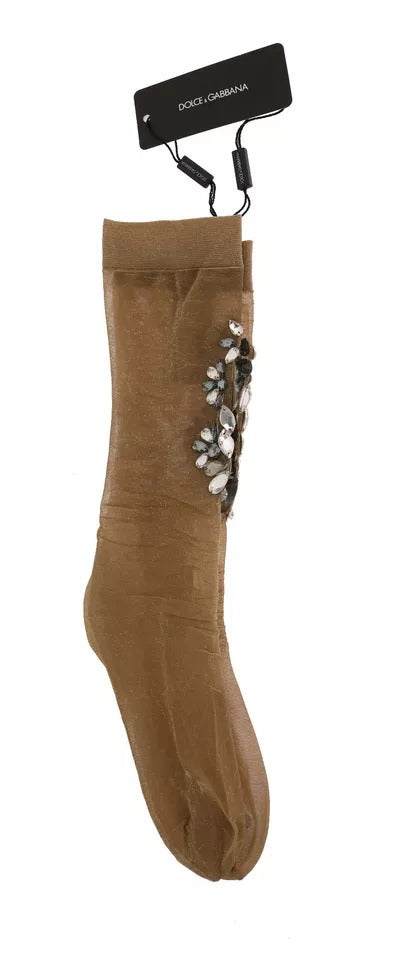 Dolce & Gabbana Gold Stretch Floral Clear Crystal Stocking Women's Socks
