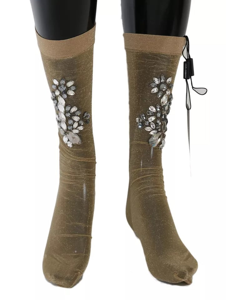 Dolce & Gabbana Gold Stretch Floral Clear Crystal Stocking Women's Socks