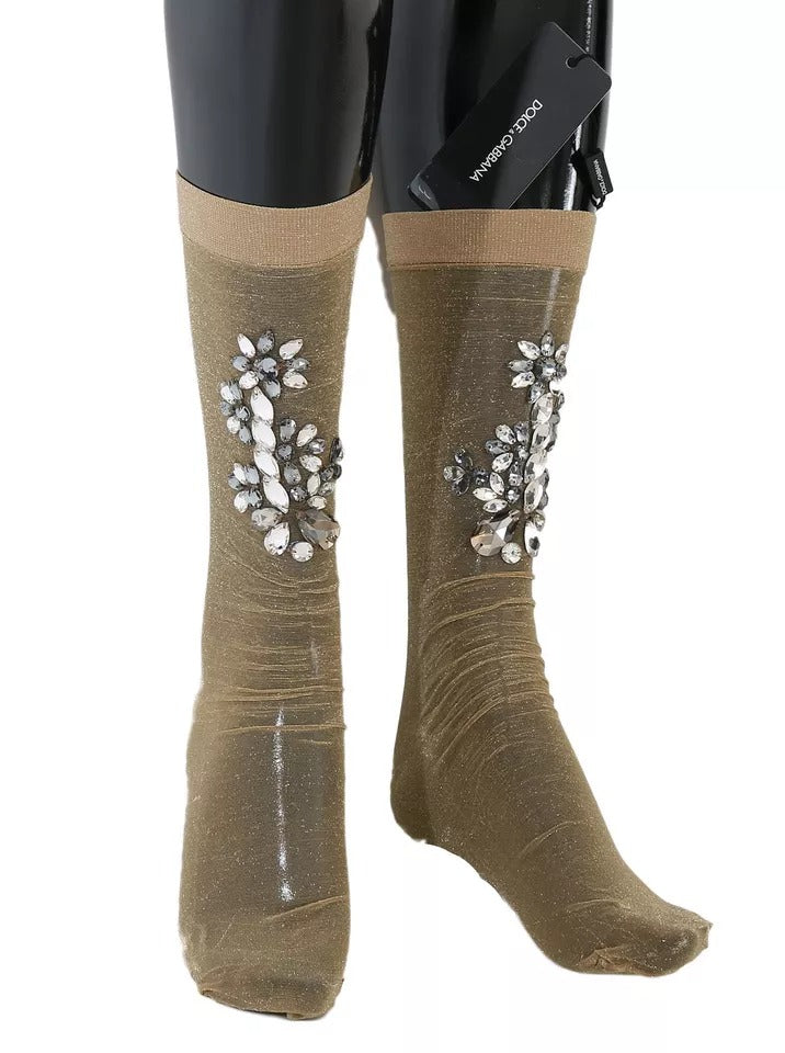 Dolce & Gabbana Gold Stretch Floral Clear Crystal Stocking Women's Socks