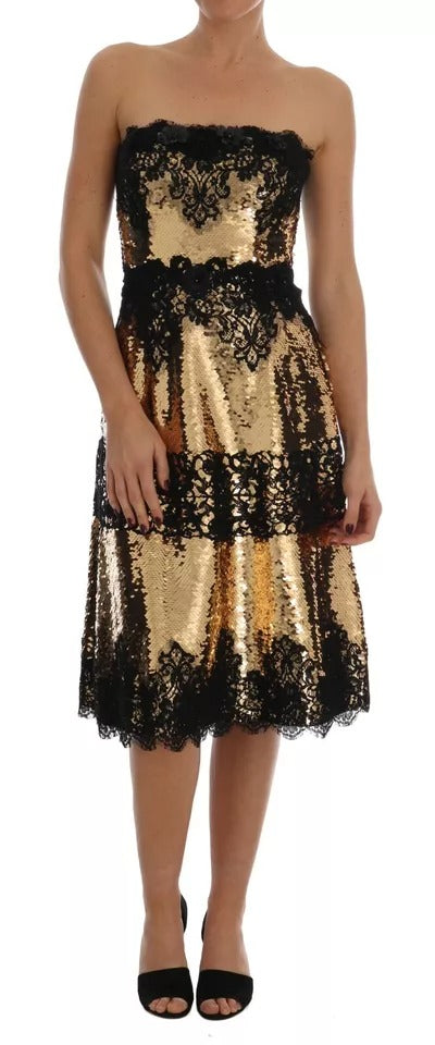 Dolce & Gabbana Gold Strapless Sequin Embellished Lace Women's Dress (Pre-Owned)