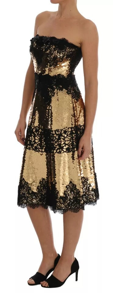 Dolce & Gabbana Gold Strapless Sequin Embellished Lace Women's Dress (Pre-Owned)