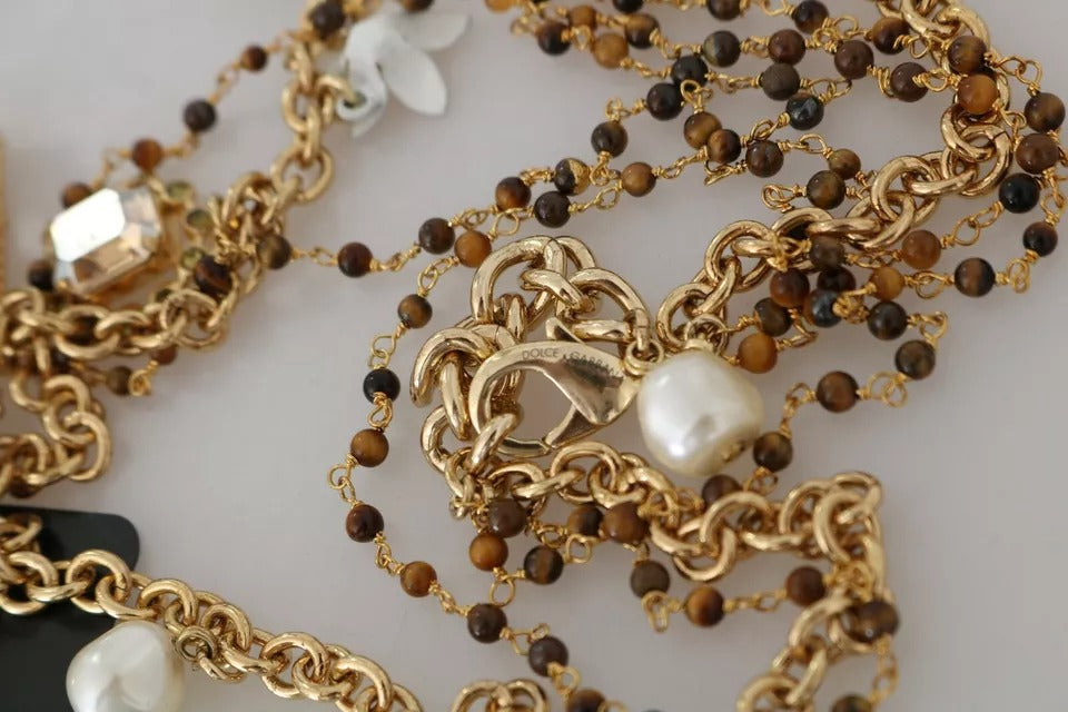 Dolce & Gabbana Gold Brass Crystal Floral Statement Charms Women's Necklace