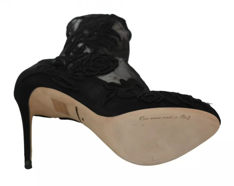Dolce & Gabbana Black Tulle Stretch Floral Booties Women's Shoes (Pre-Owned)