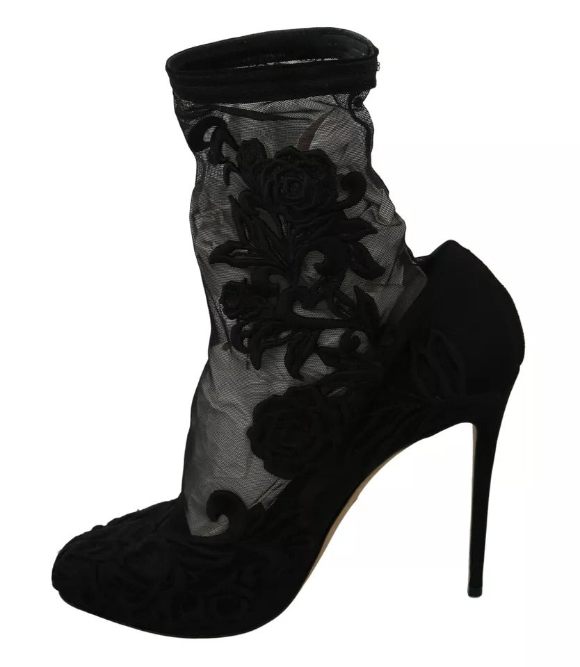 Dolce & Gabbana Black Tulle Stretch Floral Booties Women's Shoes (Pre-Owned)