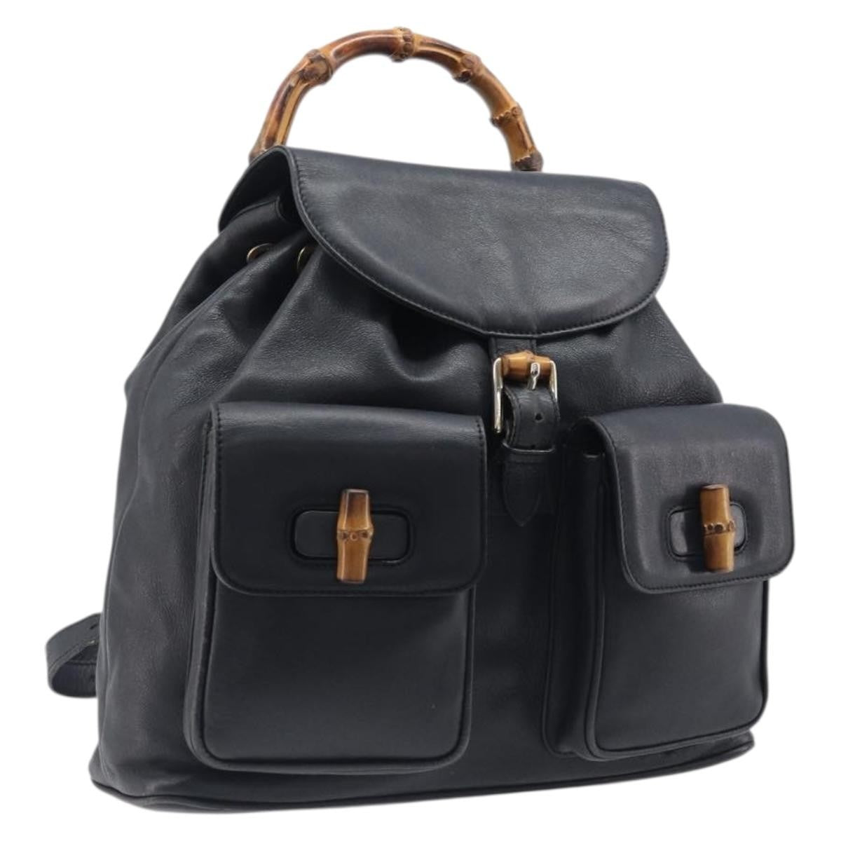 Gucci Vintage Bamboo Leather Black Leather Backpack Bag (Pre-Owned)