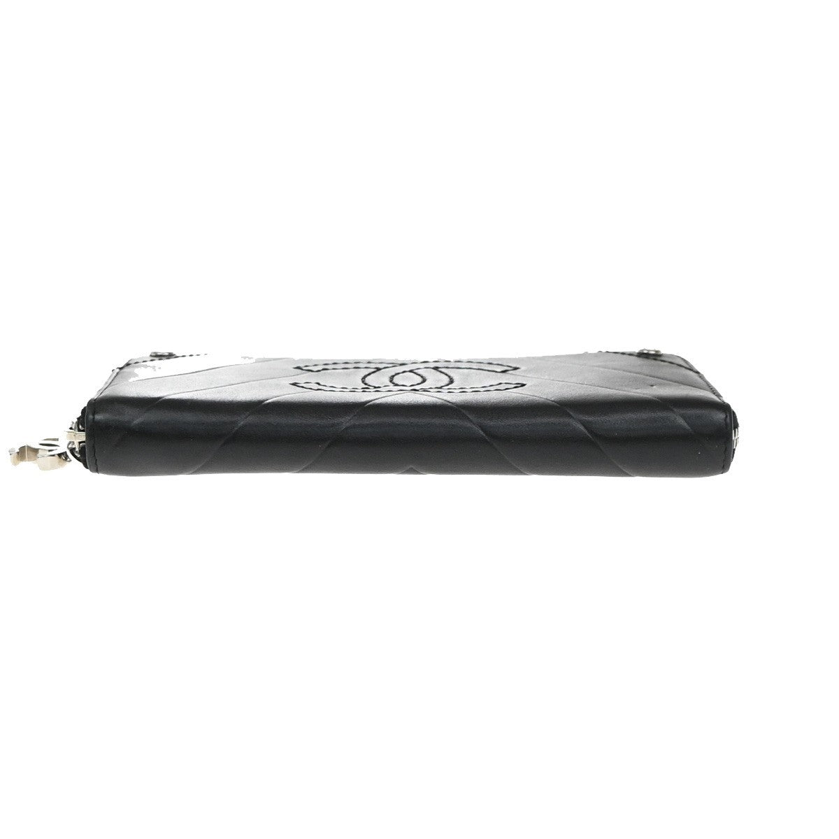 Chanel Cc Charm Zip Around Quilted Lambskin Black Leather Wallets Accessory (Pre-Owned)