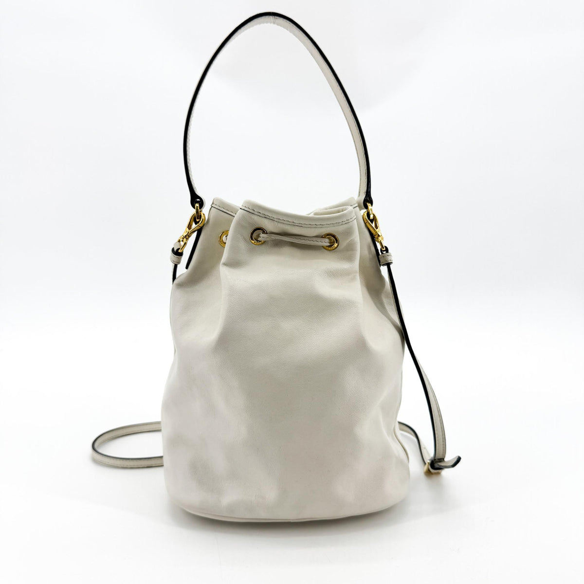 Prada Duet Drawstring Bucket Leather White Leather Handbag (Pre-Owned)